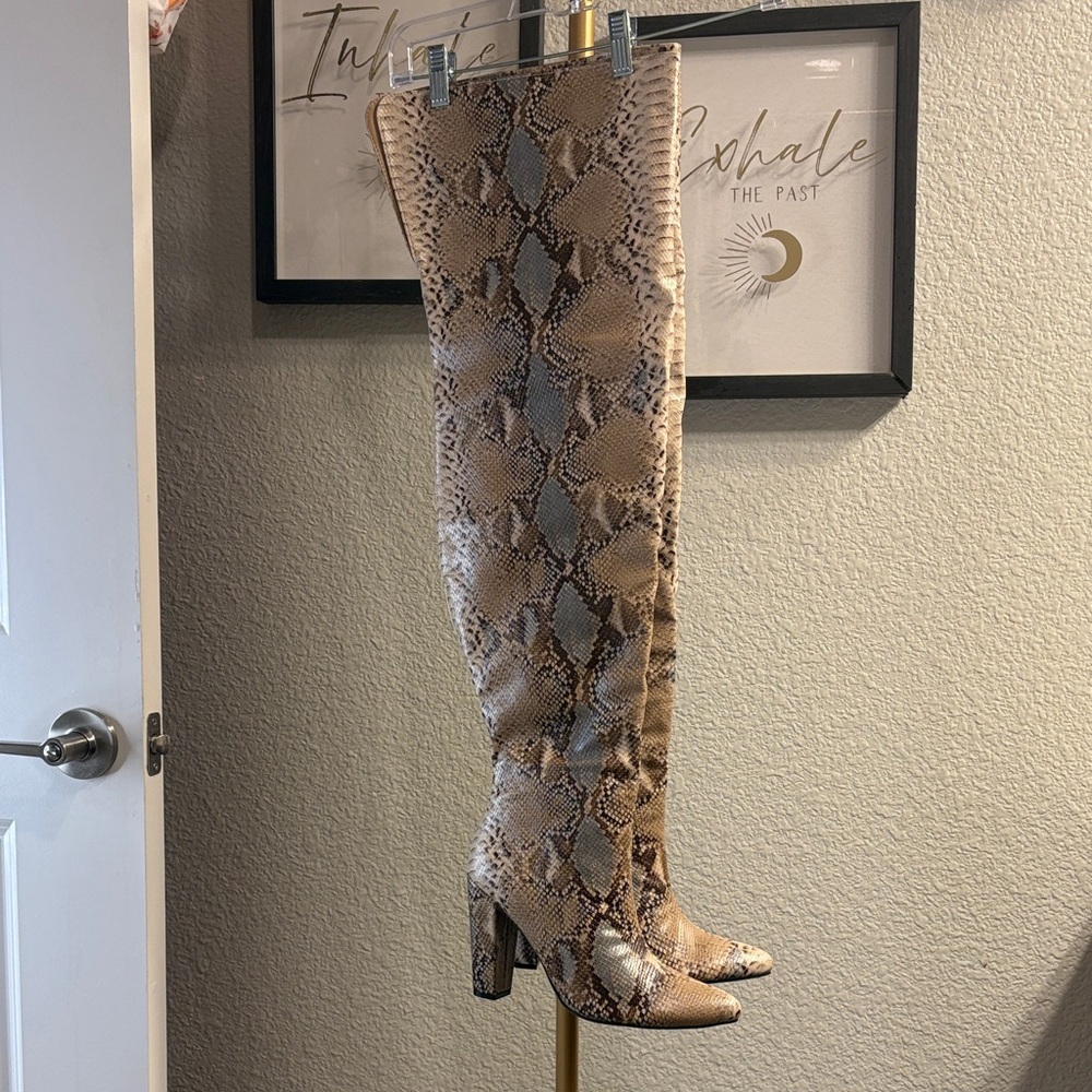 Fashion Nova Beige Snakeskin Over-the-Knee Boots Heel height 4 1/2 inches.